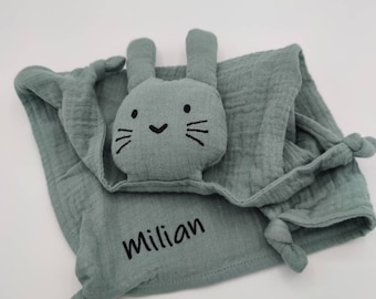 Hase, Hasi Schnuffeltuch, Musselin Baumwolle Schmusetuch, personalisiert, Geburt, Baby, Newborn, Babyparty Babyshower