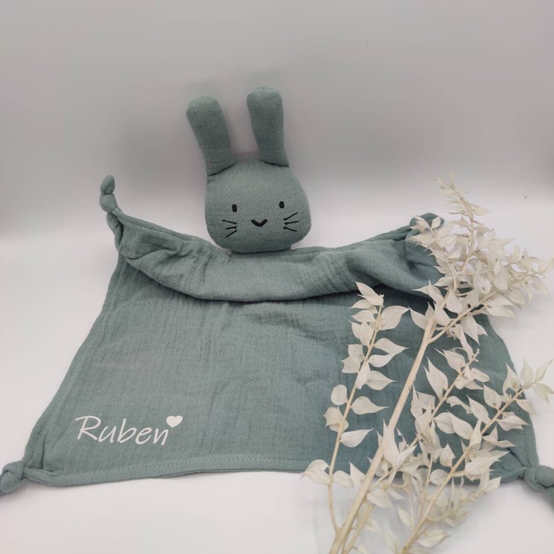 Schnuffeltuch, Schmusetuch, Musselintuch, Hase, Hasi personalisiert, Geschenk, Geburtsgeschenk, Baby, Newborn, Babyparty Babyshower, Geburt Grün