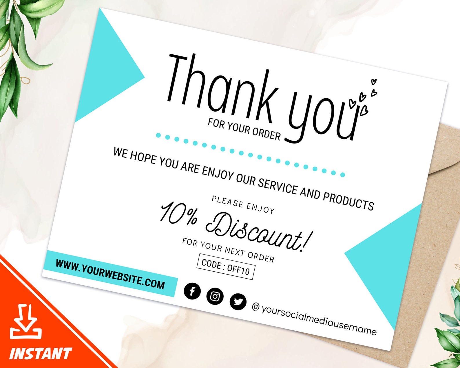 Printable Thank You Card Business Coupon Card Template Web Etsy