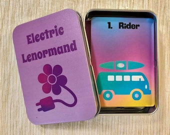 May include: A purple tin box with the text "Electric Lenormand" and a flower with a plug and cord. The box is open and shows a card with the number "1" and the text "Rider" on a blue, green, and yellow gradient background. The card shows a blue van with a surfboard on top.