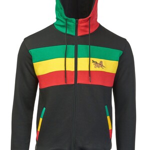 Rasta Reggae Zip Hoodie in Rasta Colors by CRAZY Lizard. Rasta Lion Embroidery. Hoodie with Rasta Reggae Colors