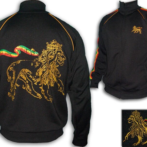 Rasta-Jacke mit Rasta-gestreiften Ärmeln. Reggae-Jacke mit Lion of Judah-Prints, Jacke für Herren