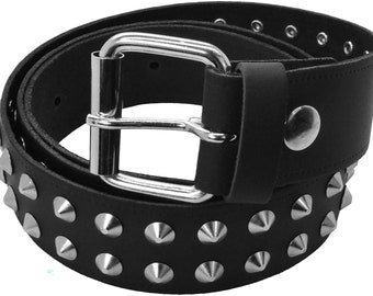 Stud Belt With Cone Studs On A Real Leather Belt. 2 Rows Of Metal Cone Studs On Belt. 38mm wide Leather belt. Handmade In the UK.