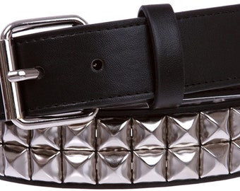 Stud Leather Belt with Pyramid Studs. 2 Row Pyramid stud belt in Black Leather and Silver studs. 38mm wide leather belt. Made in UK