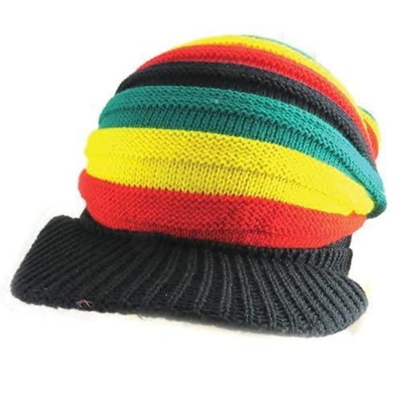 Rasta Hat for dreadlocks. Slouch Beanie Cap Hat With A Peak with Rasta Stripes. Bob Marley mens hats. Dreadlock accessories Black Beanie hat