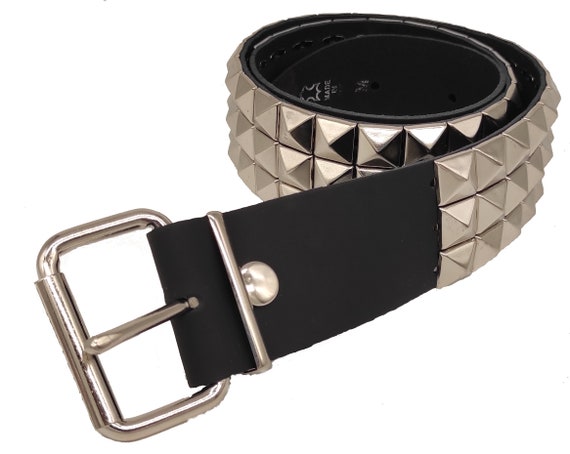 3 Row Vintage Black Pyramid Studded Leather Belt - SPECIAL