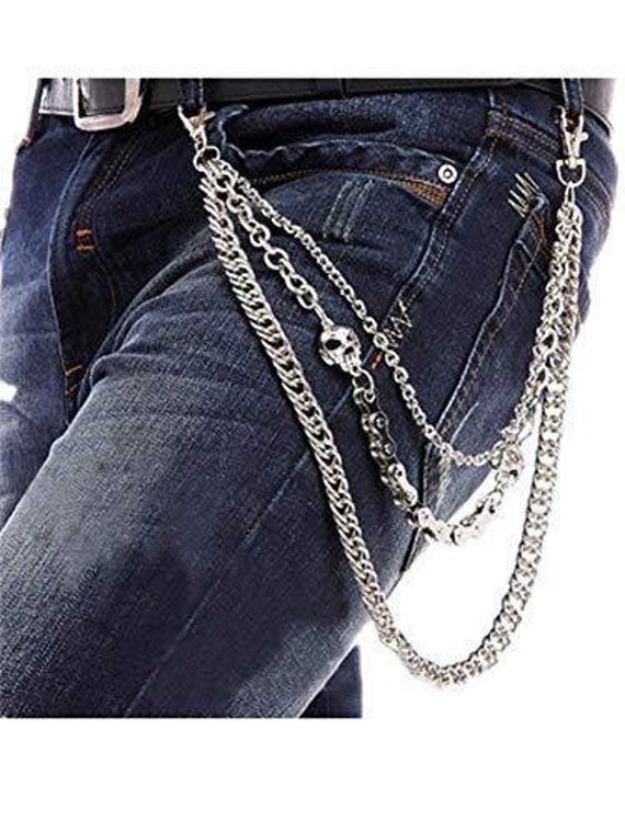 SD Cool Men's Leather Stainless Steel Woven Skull Key Chain Pants Chain Biker Wallet Chain for Men Silver / 66cm / Black