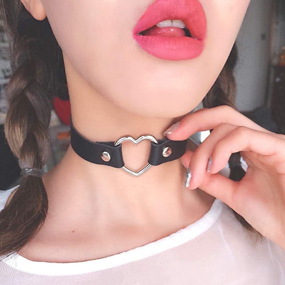 Women's Men's Heart Punk Goth Emo Style Leather Choker Necklace
