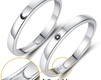 Passendes Sonne & Mond Ring Set für Paare und Freunde. Sterling Silber Ringe zum Teilen gemacht. Verstellbare Freundschaftsringe für beste Freundinnen.