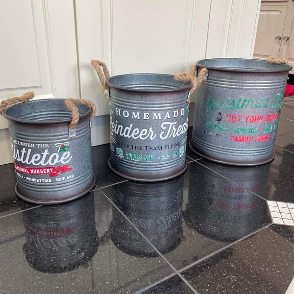 Set of 3 Festive Tin Buckets Dolly Tubs Plant pot