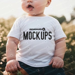 Lifestyle Toddler T-Shirt Mockup Baby, RABBIT SKINS 3322 White Mockup with Model, Blank White T-Shirt Cute Toddler Model Outside, Spring