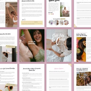 Puede incluir: Un cuaderno digital imprimible con fondo rosa y texto blanco. El cuaderno se titula "Soft Life in Christ" y incluye secciones sobre c&oacute;mo construir amistades cristianas de apoyo, dejar ir la negatividad y encontrar alegr&iacute;a en los momentos cotidianos. El cuaderno tambi&eacute;n incluye una secci&oacute;n sobre las cualidades de un buen amigo y formas pr&aacute;cticas de incorporar el cuidado personal.