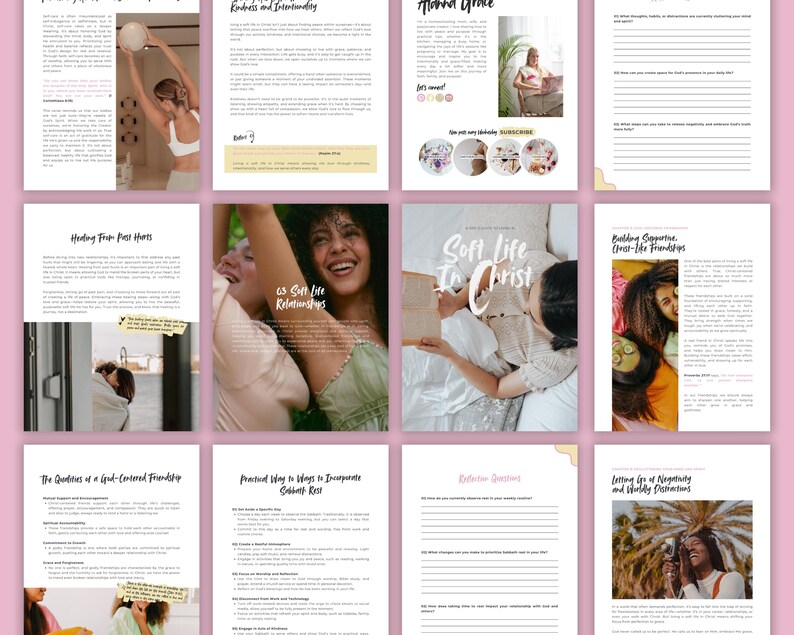 Puede incluir: Un cuaderno digital imprimible con fondo rosa y texto blanco. El cuaderno se titula "Soft Life in Christ" y incluye secciones sobre c&oacute;mo construir amistades cristianas de apoyo, dejar ir la negatividad y encontrar alegr&iacute;a en los momentos cotidianos. El cuaderno tambi&eacute;n incluye una secci&oacute;n sobre las cualidades de un buen amigo y formas pr&aacute;cticas de incorporar el cuidado personal.