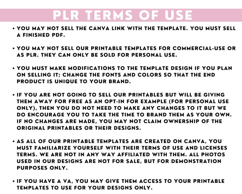 Puede incluir: Un gr&aacute;fico rosa y blanco con texto negro que describe los t&eacute;rminos de uso para plantillas imprimibles. El texto incluye informaci&oacute;n sobre la venta de las plantillas, la realizaci&oacute;n de modificaciones y la entrega gratuita. Tambi&eacute;n menciona Canva y sus t&eacute;rminos de uso.