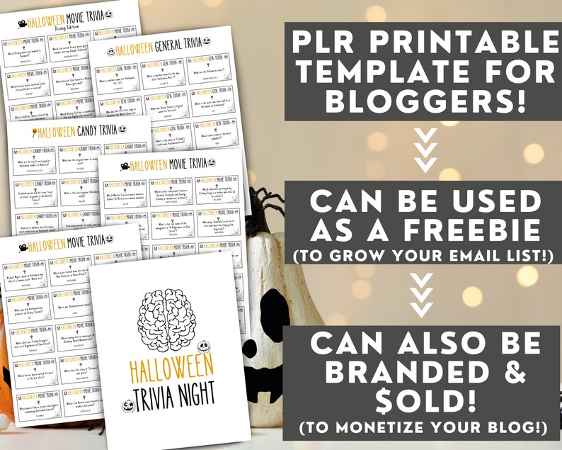 PLR Halloween Trivia-spelpaket utskrivbar mall | Halloween utskrivbar mall för bloggare | Rolig Halloween-spel för vuxna utskrivbar mall bild 1