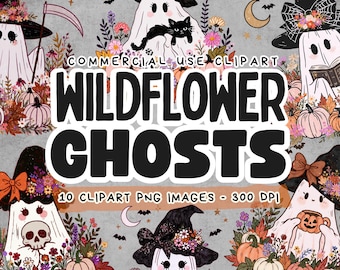 Coquette Wildflower Ghost Clipart Bundle PNG, Halloween Botanical Ghost Clipart Pack, Halloween Wildflower Ghosts, Instant Download