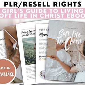Puede incluir: Una portada de ebook rosa y blanca con el t&iacute;tulo "A Girl's Guide to Living a Soft Life in Christ" y el texto "PLR/Resell Rights". La portada presenta a una mujer leyendo un libro en la cama.