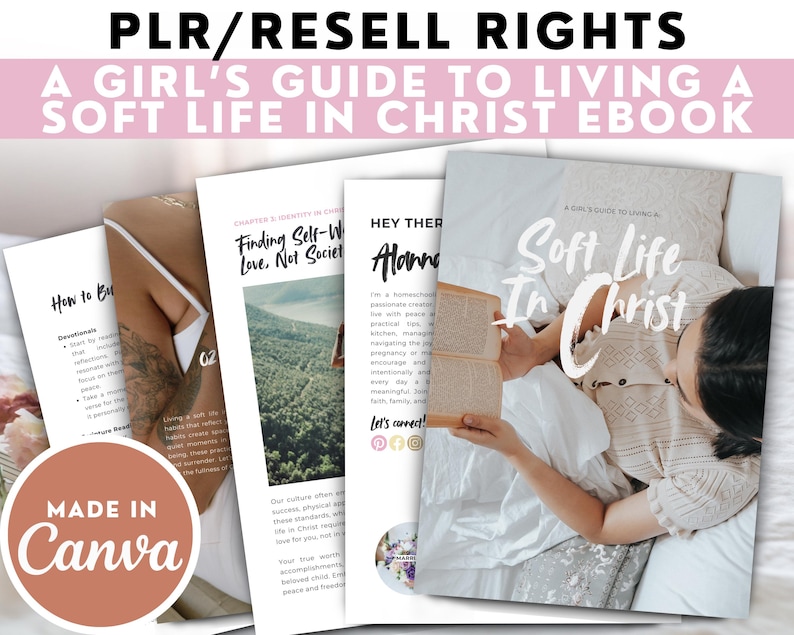 Puede incluir: Una portada de ebook rosa y blanca con el t&iacute;tulo "A Girl's Guide to Living a Soft Life in Christ" y el texto "PLR/Resell Rights". La portada presenta a una mujer leyendo un libro en la cama.