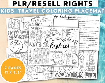 編集可能な PLR 子供用旅行ぬりえプレイスマット | 休暇アクティビティプレイスマット | 旅行ぬりえ | 子供向けの夏のアクティビティ | 商用利用