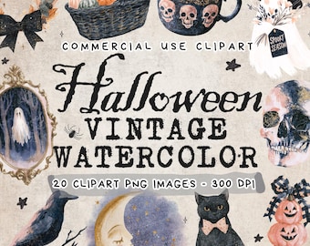 Watercolor Halloween Clipart Bundle PNG, Cozy Vintage Halloween Clipart, Spooky Season PNG, Halloween PNGs Bundle, Commercial Use