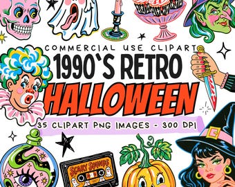 Paquete de imágenes prediseñadas de Halloween estilo años 90 en formato PNG, paquete de imágenes prediseñadas de Halloween con temática nostálgica, pegatinas retro de Halloween, pegatinas digitales de truco o trato.