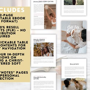 Puede incluir: Una portada de producto digital amarilla y blanca con el texto "Soft Life In Christ" y una lista de caracter&iacute;sticas que incluyen un libro electr&oacute;nico imprimible de 52 p&aacute;ginas, una tabla de contenido clickable, cuatro secciones en profundidad y cuatro p&aacute;ginas de "notas" para la reflexi&oacute;n personal.
