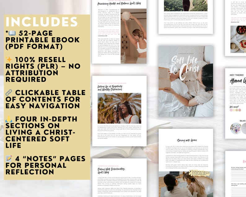 Puede incluir: Una portada de producto digital amarilla y blanca con el texto "Soft Life In Christ" y una lista de caracter&iacute;sticas que incluyen un libro electr&oacute;nico imprimible de 52 p&aacute;ginas, una tabla de contenido clickable, cuatro secciones en profundidad y cuatro p&aacute;ginas de "notas" para la reflexi&oacute;n personal.