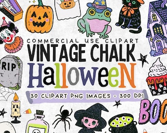 Vintage Halloween Clipart Bundle PNG, Retro Grunge Halloween stickers, Halloween Nostalgia Clipart Pack, Trick or Treat Digital Stickers