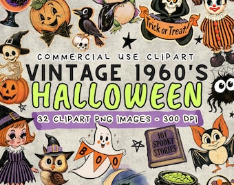 1960s Vintage Halloween Clipart Bundle PNG, Retro Halloween stickers, Halloween Nostalgia Clipart Pack, Trick or Treat Digital Stickers