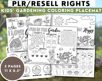 編集可能な PLR 子供用ガーデニングぬり絵プレイスマット | ガーデニングアクティビティプレイスマット | 夏のぬり絵ページ | 子供の夏のアクティビティ | 商用利用