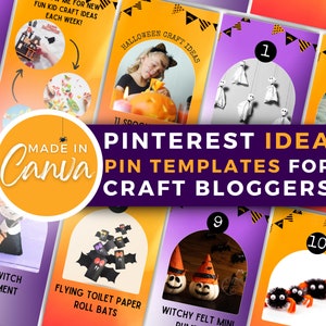 May include: A collage of 10 Pinterest pin templates for craft bloggers, featuring Halloween craft ideas. The templates are made in Canva and feature images of various Halloween crafts, including felt witch ornaments, flying toilet paper roll bats, witchy felt mini pumpkins, and spider crafts.
