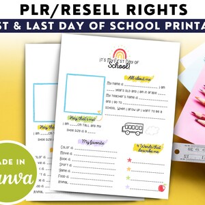 May include: Printable first and last day of school activity sheet with a colorful rainbow, bus, and apple design. The sheet includes sections for the child's name, age, grade, teacher's name, favorite things, and words to describe themself.