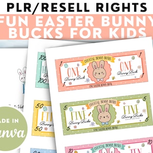 May include: Printable Easter Bunny Bucks play money for kids. The colorful bills feature a cartoon bunny with a bow tie and the words "Official Bunny Bucks" and "One Bunny Buck".