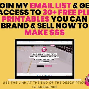 May include: A laptop computer screen displaying a website with the text "Hey, there. Welcome to the home of the best PLR printables & digital content for bloggers!"  The website has a pink diamond logo with the text "Printables PLR" and a pink and white color scheme. The laptop is on a yellow background with the text "JOIN MY EMAIL LIST & GET ACCESS TO 30+ FREE PLR PRINTABLES YOU CAN BRAND & SELL NOW TO MAKE $$$" above the laptop. A pink diamond with stars is in the lower right corner of the image.