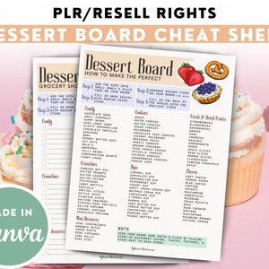 May include: A printable cheat sheet for creating a dessert board. The cheat sheet includes a list of candy, crunchies, mini desserts, cookies, dips, cheese, and fresh and dried fruits. The text "Dessert Board How to Make the Perfect" is at the top of the sheet.