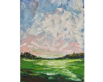 Weideschilderij Plattelandkunstwerk Zomerveld Impasto olieverfschilderij 7 x 9 inch