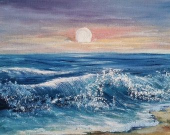 Seascape Oil Painting, Original Stormy Ocean Art (7x9.4 in)