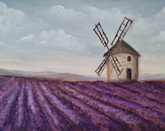 Pintura de campo de lavanda, paisaje toscano, óleo sobre lienzo empaste