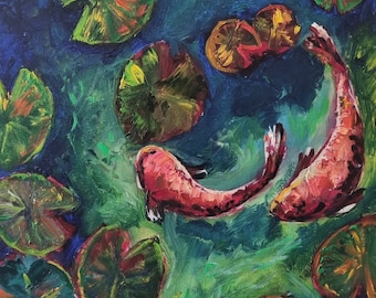 Koi fish oil painting Original artwork Pond painting Canvas art