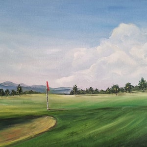 Pittura da golf, paesaggio da golf, pittura da campo, opera d’arte originale, pittura a olio, regalo, 12 x 16 pollici