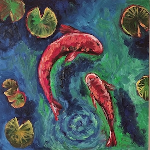 Pond painting Chinese Japanese koi fish red carp Original artwork 12x12 in