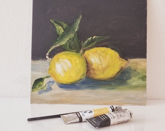 Lemons Oil Painting, Original Kitchen Still Life Art (10x10 in)