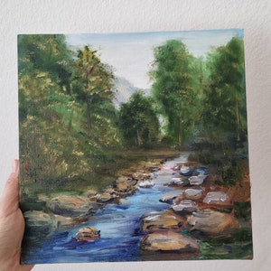 River painting Original artwork Forest landscape Textured oil painting Canvas art 10 x 10 in