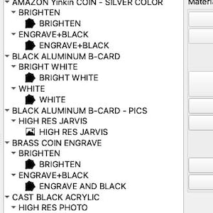 Puede incluir: Captura de pantalla de una interfaz de "Material Library" con una lista de opciones. El texto incluye "20W 110 LENS LIBRARY" y varias opciones de materiales como "Amazon Yinkin COIN - SILVER COLOR", "Brighten", "Engrave+Black" y "White". La opción "White" está resaltada.
