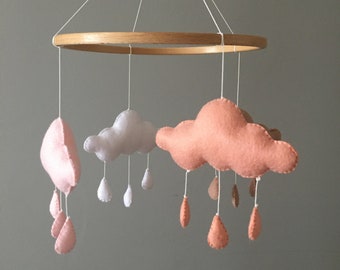 Clouds Baby Mobile (Ready To Ship), Pink Clouds Nursery Mobile, Felt Baby Mobile, Baby Girl Mobile, Baby Gift, Babyshower Gift Mobile