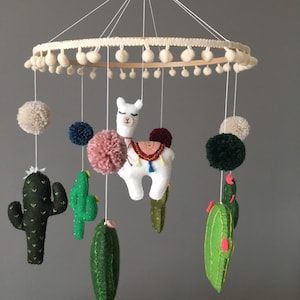 Llama and Cactus Baby Mobile - Llama Nursery Mobile - Boho Nursery Decor - Pom Pom Crib Mobile - Handmade Llama Mobile - Babyshower Gift