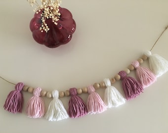 Pink Yarn Tassel Garland, Wood Beads, Nursery Decor