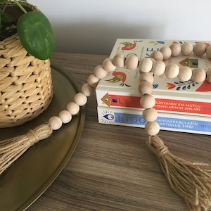 Farmhouse wood bead garland, natural wood bead garland, farmhouse decor, beaded garland, tassel garland, rustic tray decor