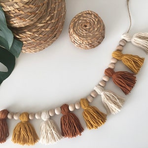Boho Tassel Garland, Wood Bead Tassel Garland, Yarn Tassels, Baby Room Nursery Decor, Macrame Garland, High Chair Banner, Boho Nursery Decor