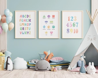 Poster Set für das Klassenzimmer - Alphabet, Zahlen, Formen und Wochentage